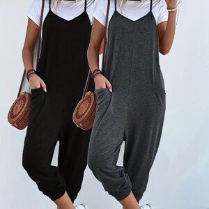 Solid V-neck Sleeveless Pockets Cami Jumpsuit